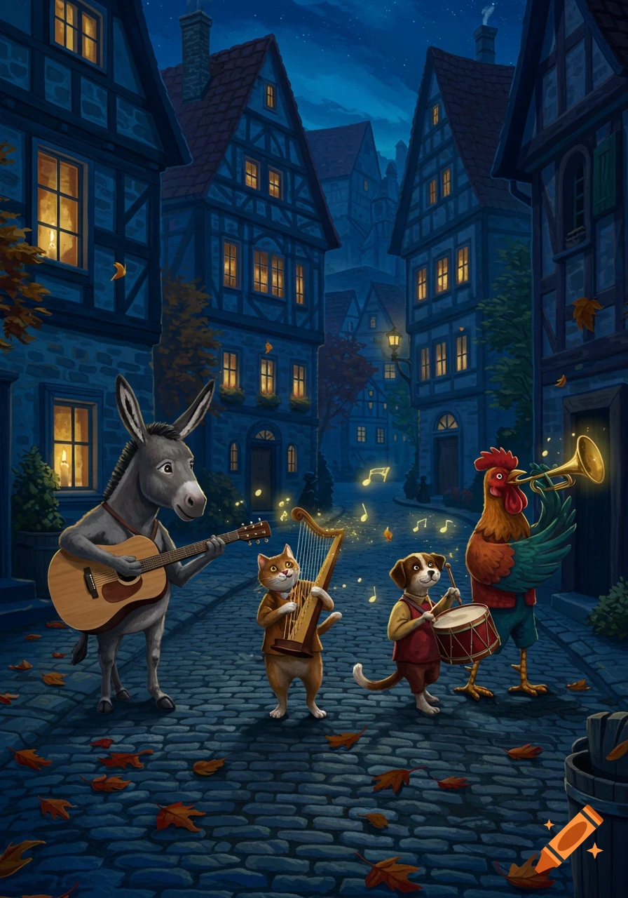 A donkey, cat, dog, and rooster play guitar, harp, drum, and trumpet on a cobblestone street in a medieval village at night.