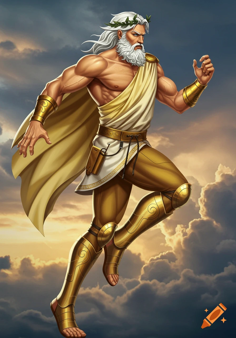 Dynamic illustration of Zeus, a powerful Greek god with white hair and beard, wearing a golden toga and armor, leaping amidst clouds in a vibrant, heroic style.