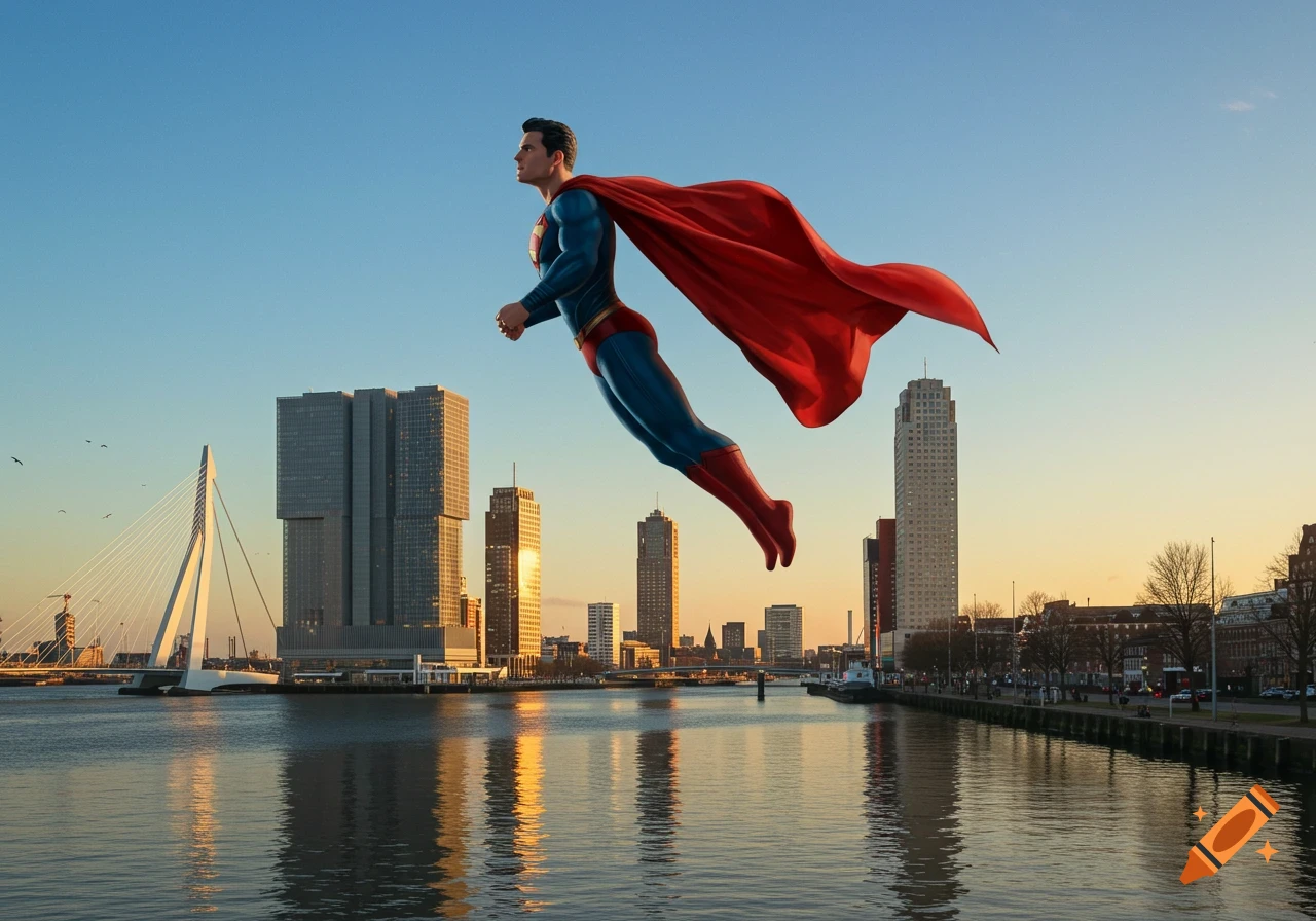Superman in flight over the city of Rotterdam at sunset, with a prominent bridge and skyscrapers along the waterfront.