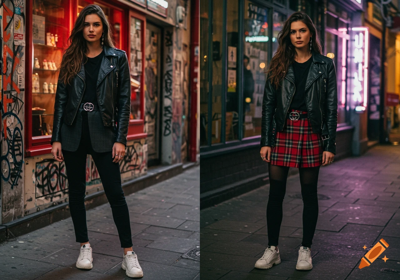 A photorealistic split image shows a woman in a black leather jacket on an urban street, one side with black pants, the other with a red tartan skirt.
