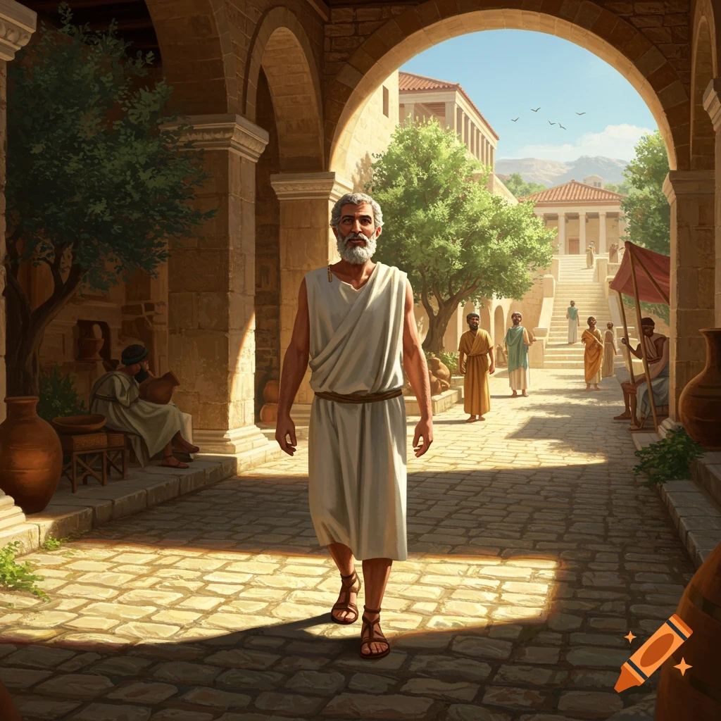 An older bearded man in a white toga walks down a sunlit, stone-paved ancient street with archways and other figures in the background.