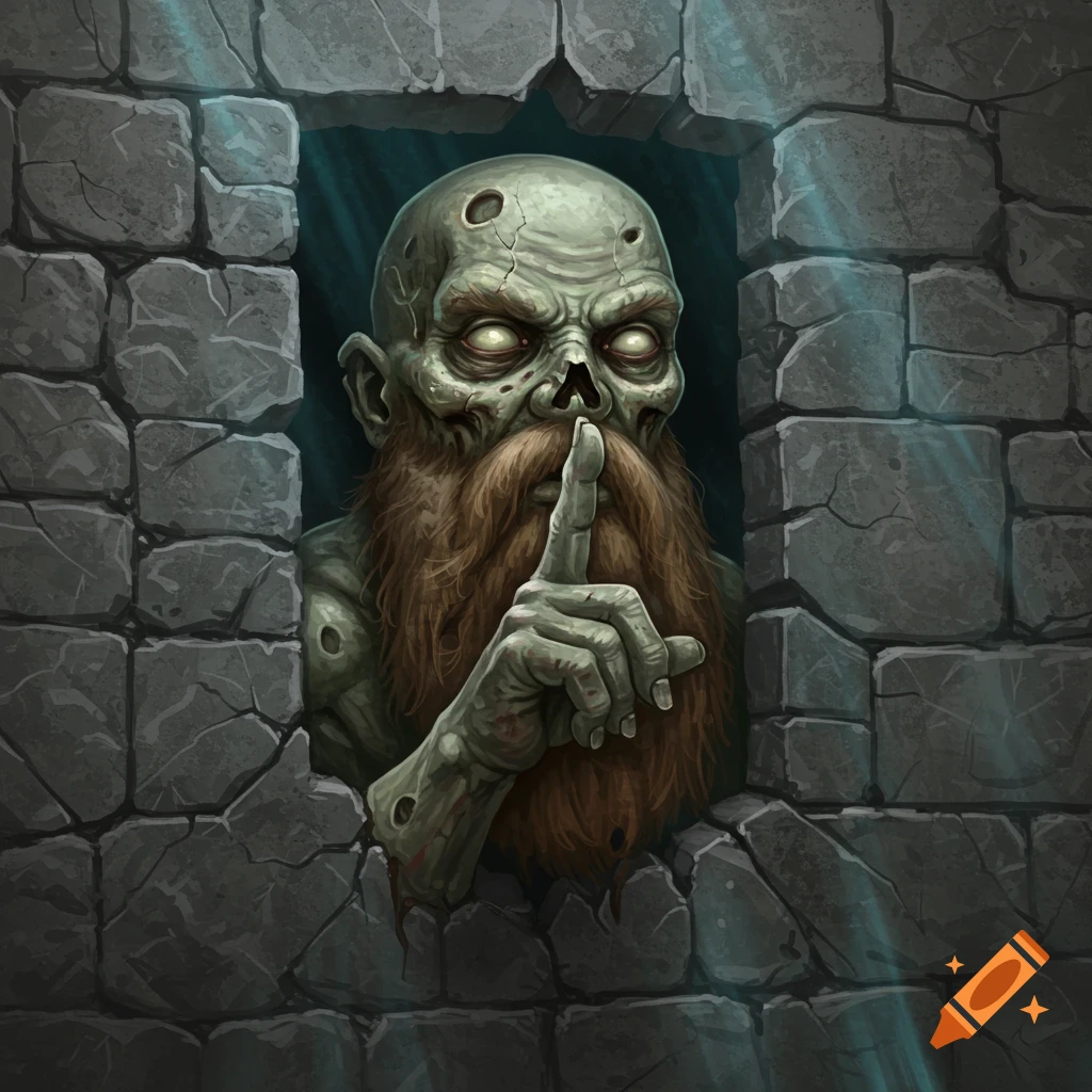 An illustrative dwarf zombie with a red beard emerges from a stone wall, holding a finger to its lips in a silence gesture.