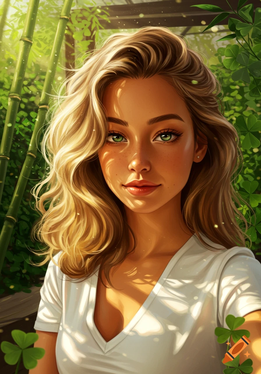 Digital painting of a smiling young woman with blonde hair and green eyes, bathed in sunlight amidst bamboo and clover.