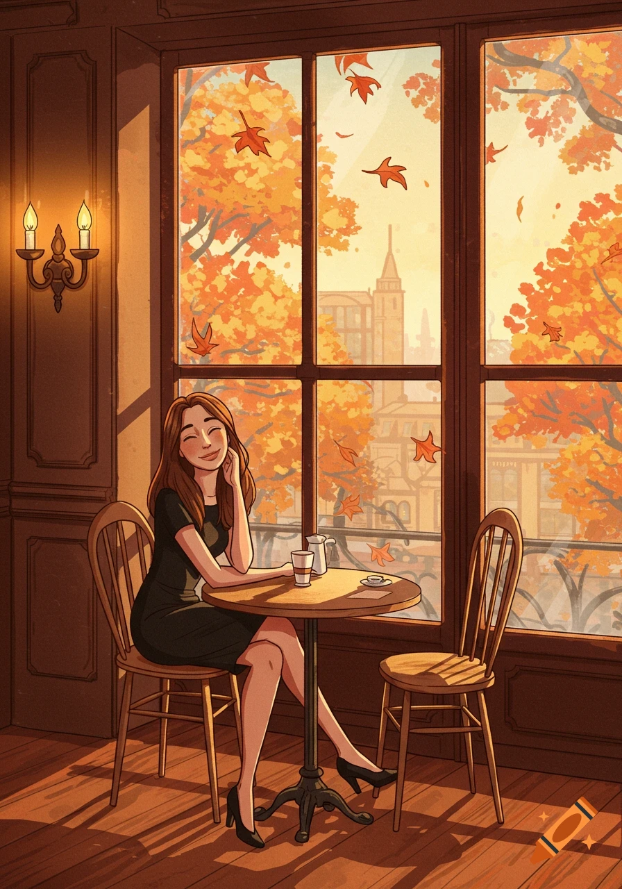 Cartoon of a smiling woman in a black dress sitting at a cafe table, with autumn leaves visible outside the window.