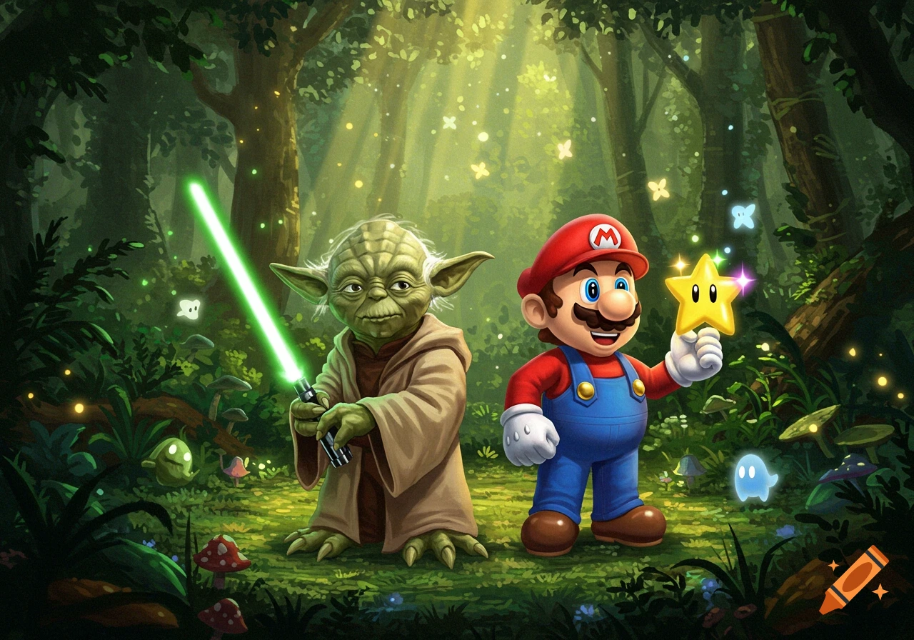 Yoda holding a green lightsaber stands beside Mario holding a yellow star in a magical, glowing forest.