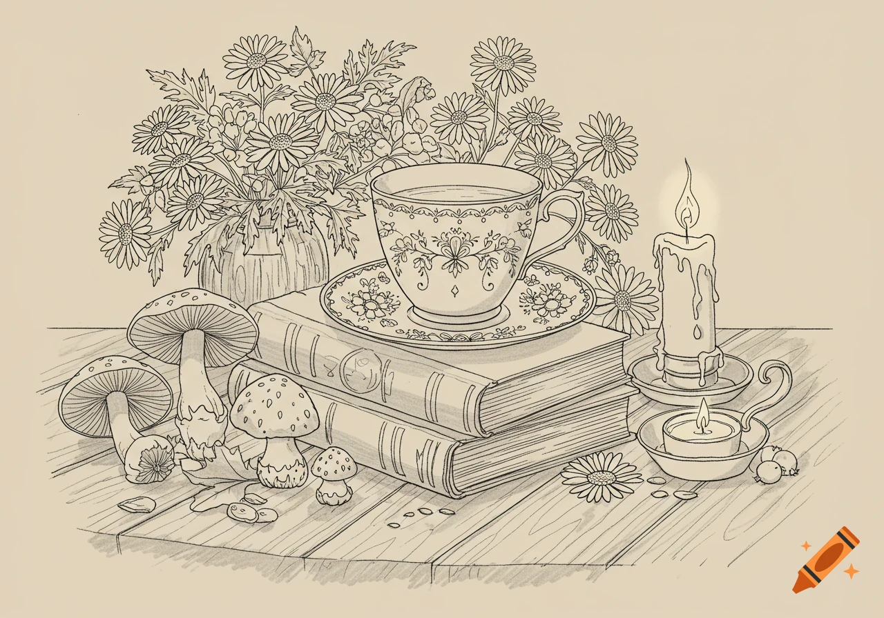 Delicate line drawing of a teacup on vintage books, with mushrooms, flowers, and a candle on a wooden table, in a soft cottagecore style.