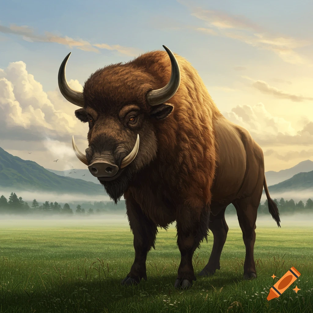 A magnificent bison-boar hybrid with shaggy brown fur, large horns, and tusks stands in a misty green field at sunrise.