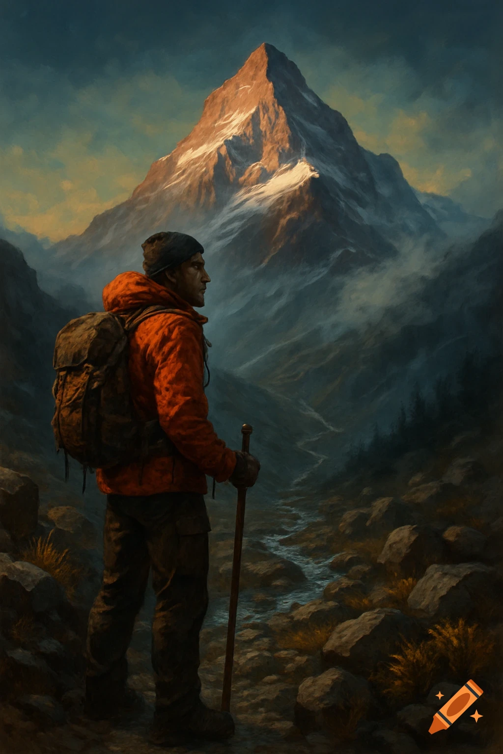 A hiker with a backpack and staff stands gazing at a grand, sun-kissed mountain peak, painted in a dramatic style.