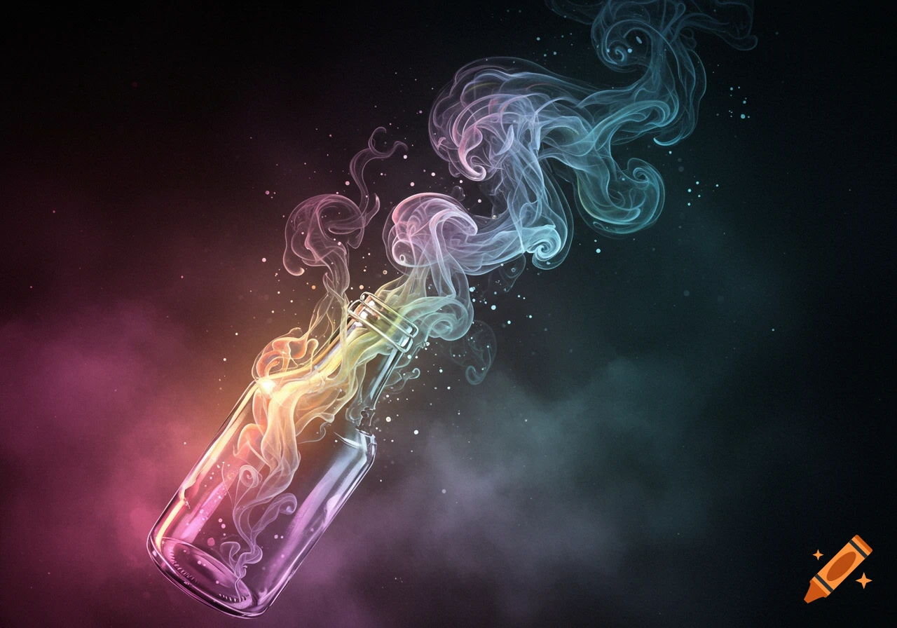 A glowing glass bottle emitting colorful, swirling smoke and particles against a dark background.