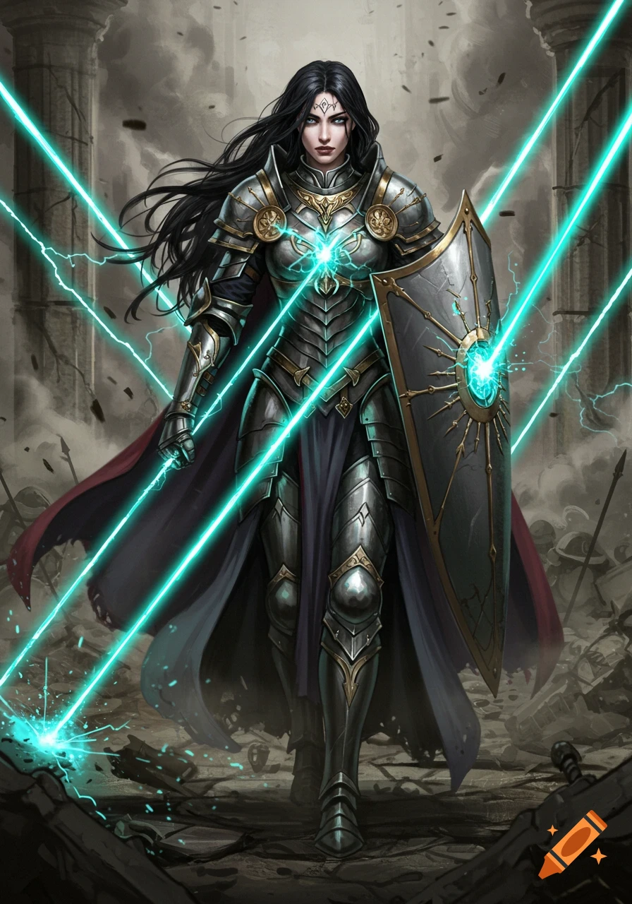 A dark-haired warrior princess in full silver and gold armor holds a shield as bright turquoise laser beams strike her, amidst ruins.
