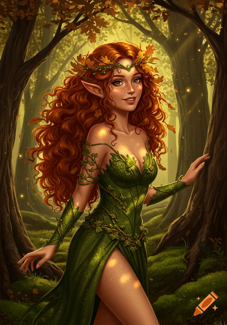 A smiling fey woman with long red curly hair, pointed ears, and freckles, wearing a green leafy dress, stands in a magical forest.