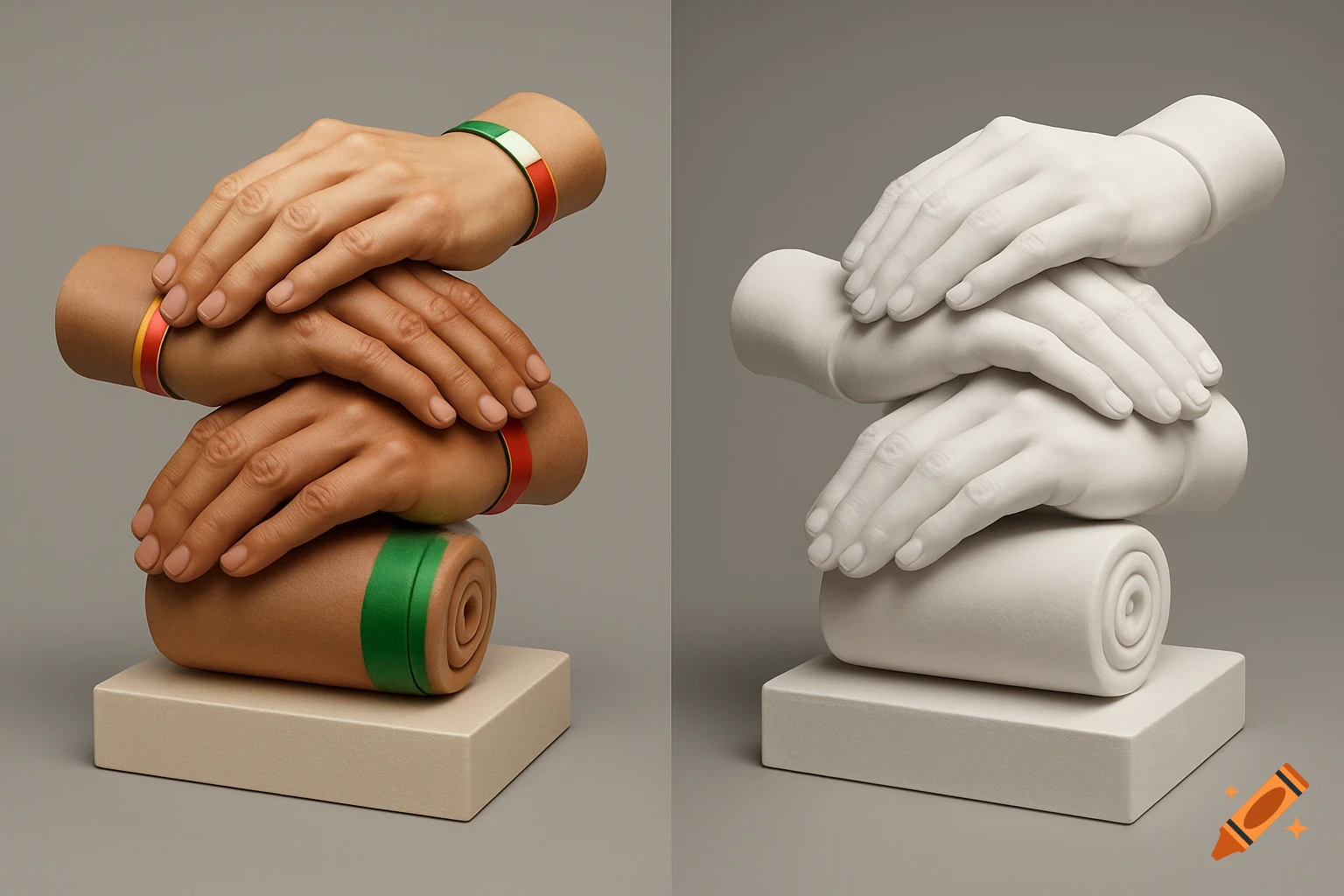 A split image showing two stacked hand sculptures: one with realistic skin tones and flag-colored bands, the other a matte white version.