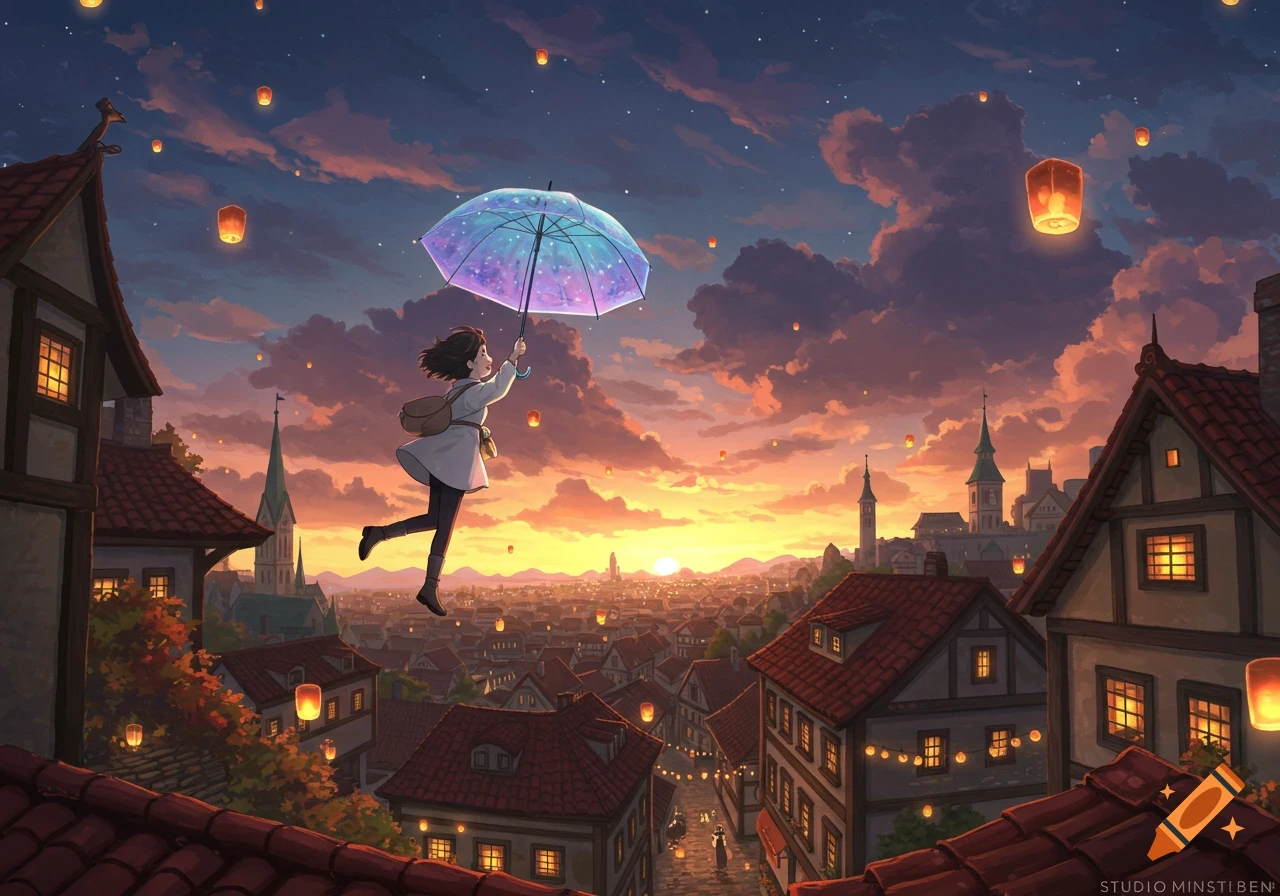 An anime girl flies with a glowing umbrella over a quaint city with red roofs and warm lights at sunset, with numerous sky lanterns floating. Studio Ghibli style.