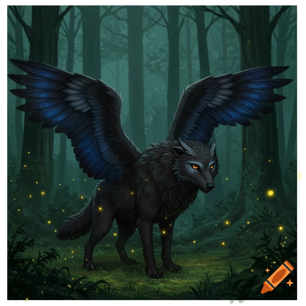 A black winged wolf with glowing orange eyes stands in a dark, magical forest with twinkling yellow lights.