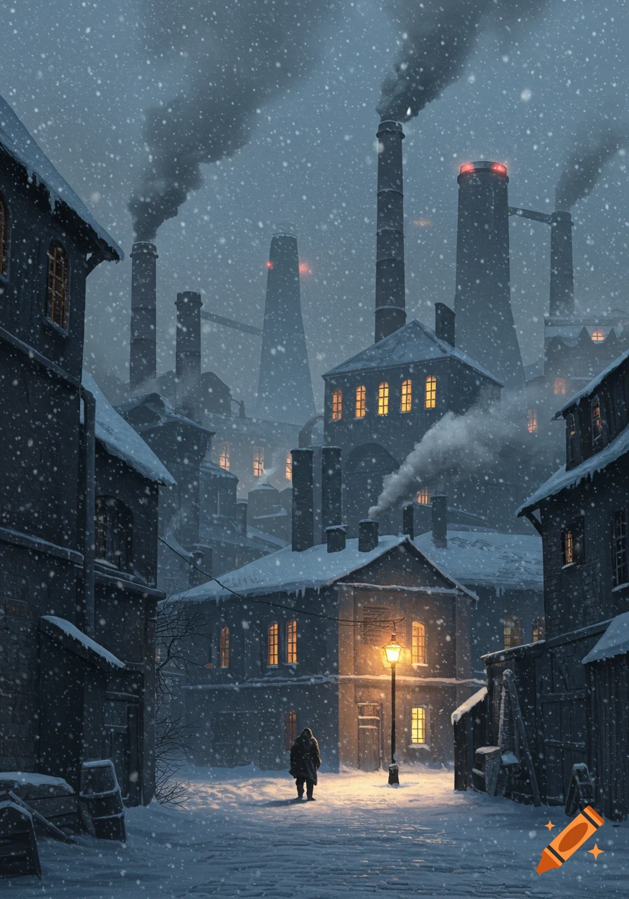 A lone figure walks a snowy, gas-lit street in a dark industrial city with many smoking chimneys under falling snow.