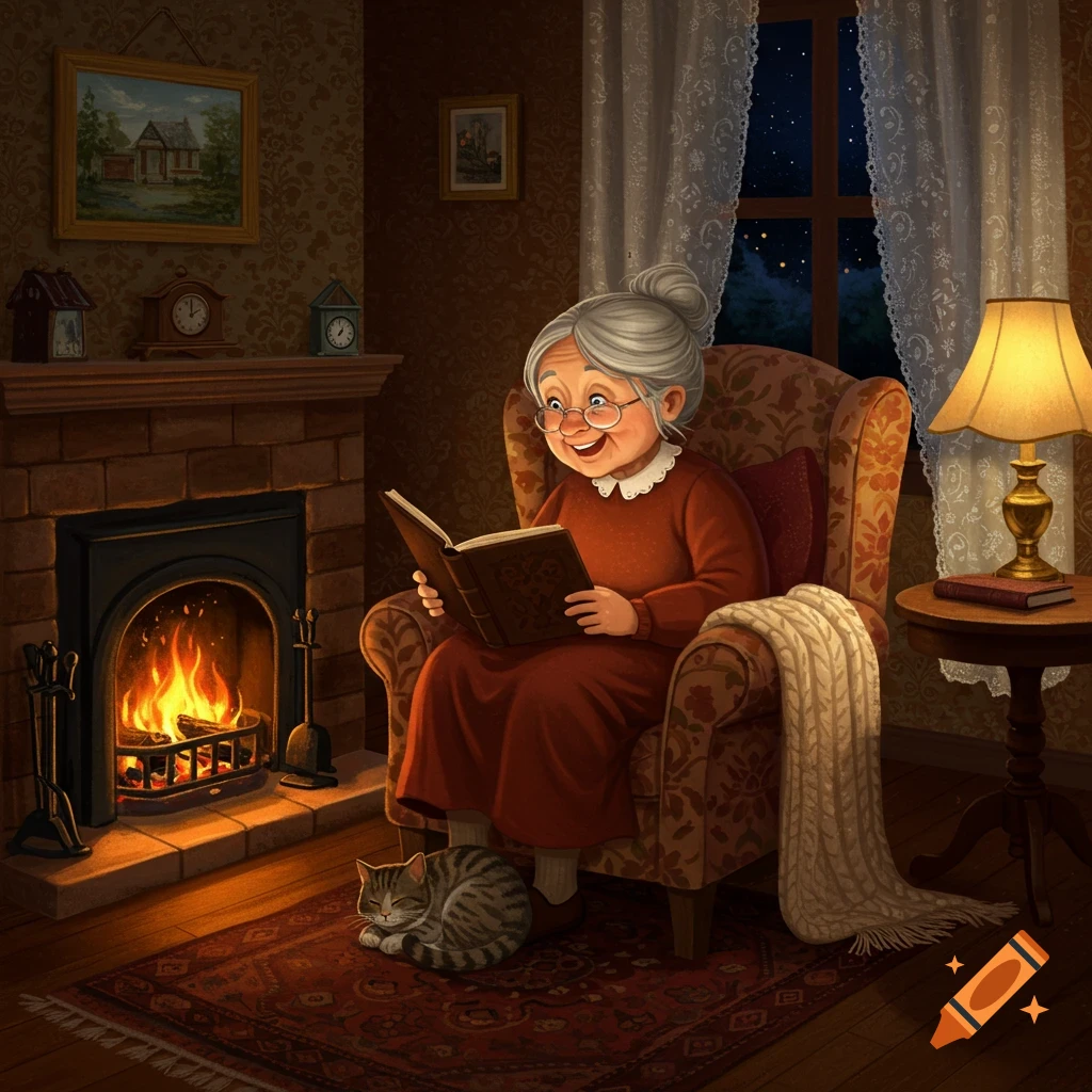 An old woman reads a book by a cozy fireplace with a sleeping cat on the rug, a lamp glowing on a side table.