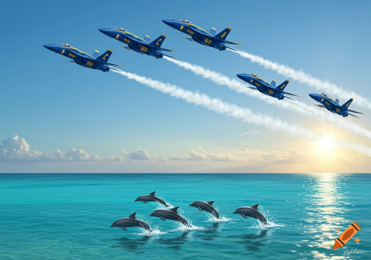 Blue Angels fighter jets soar in formation over a blue ocean with dolphins leaping out of the water at sunset.
