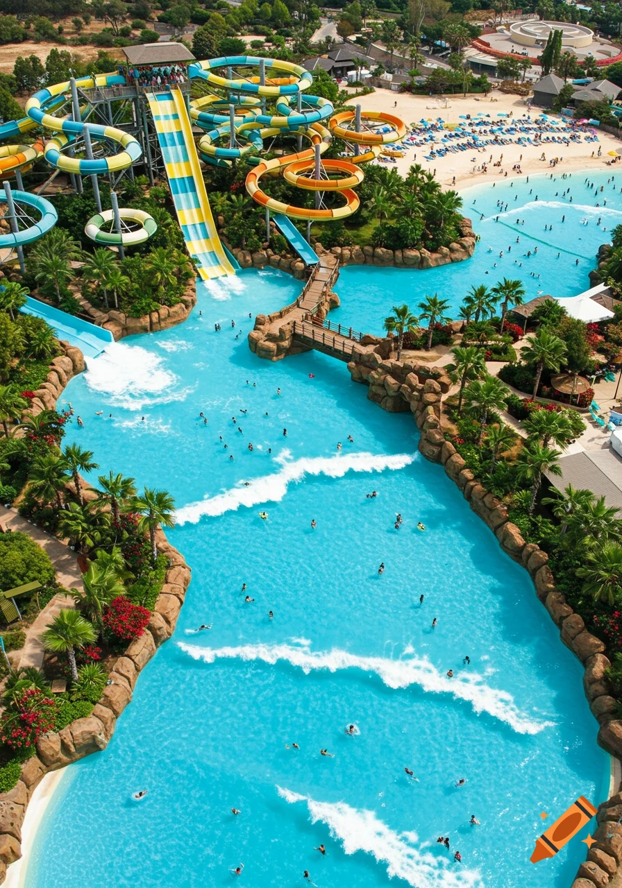 Aerial view of a vibrant, crowded water park with colorful slides, a large wave pool, a lazy river, and lush palm trees.