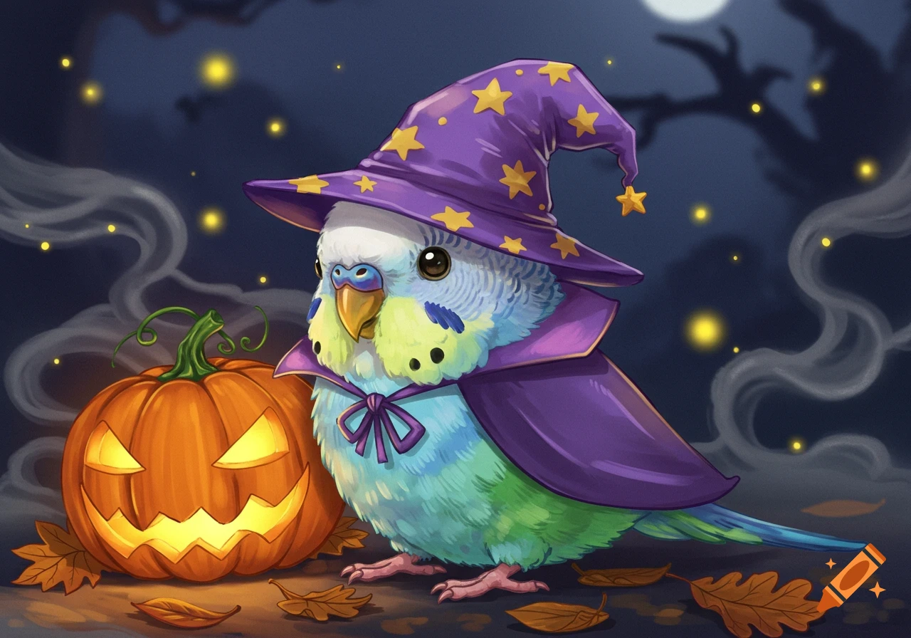 A cute cartoon budgie wearing a purple witch hat and cape stands next to a glowing jack-o'-lantern on Halloween night.