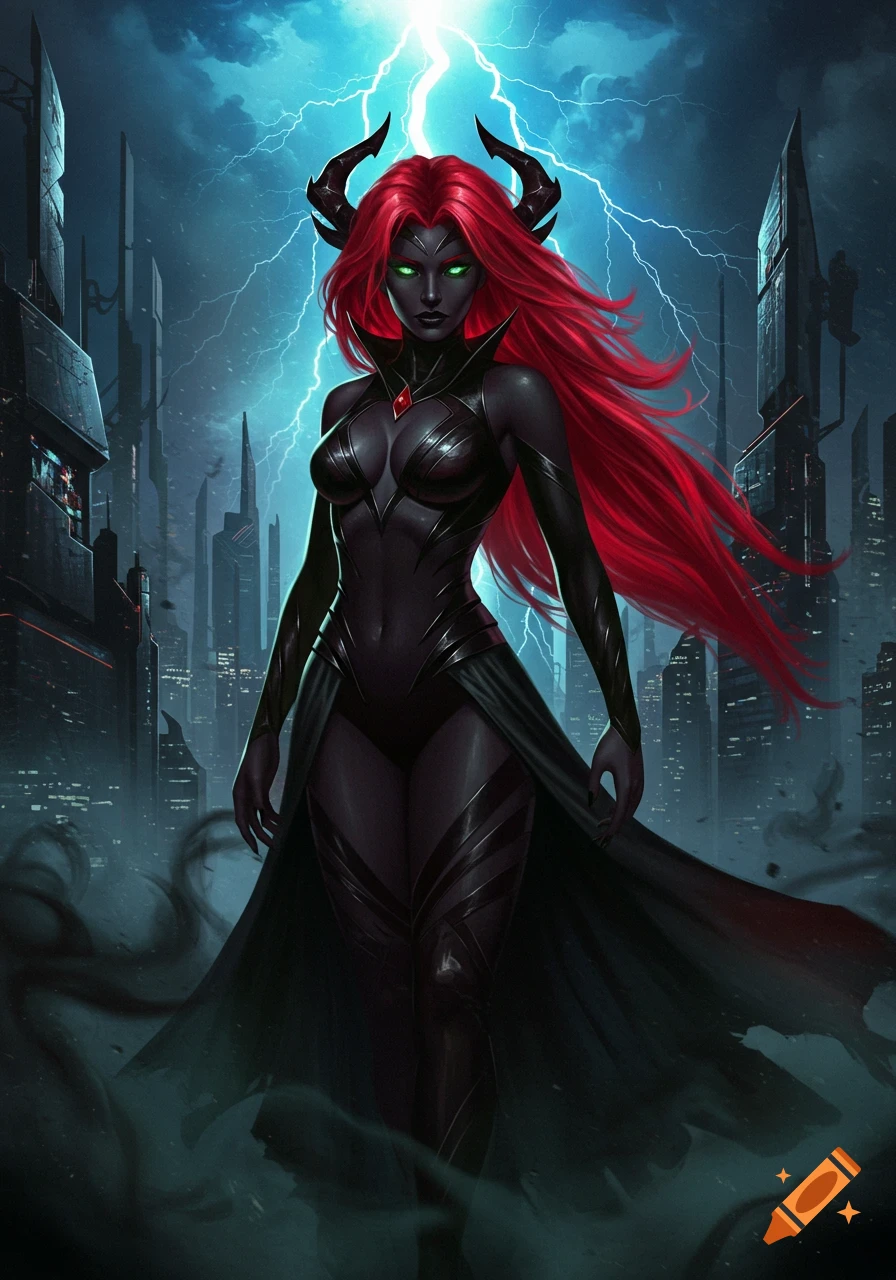 Digital art of a horned woman villain with long red hair, dark skin, and a black suit, standing in a stormy futuristic city.