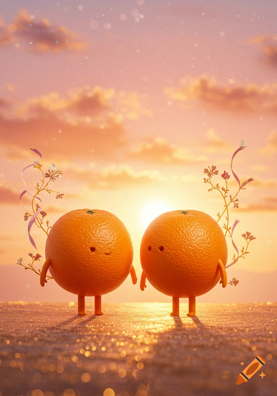Two cute oranges with tiny limbs stand on a sparkling surface, silhouetted against a beautiful sunset sky.