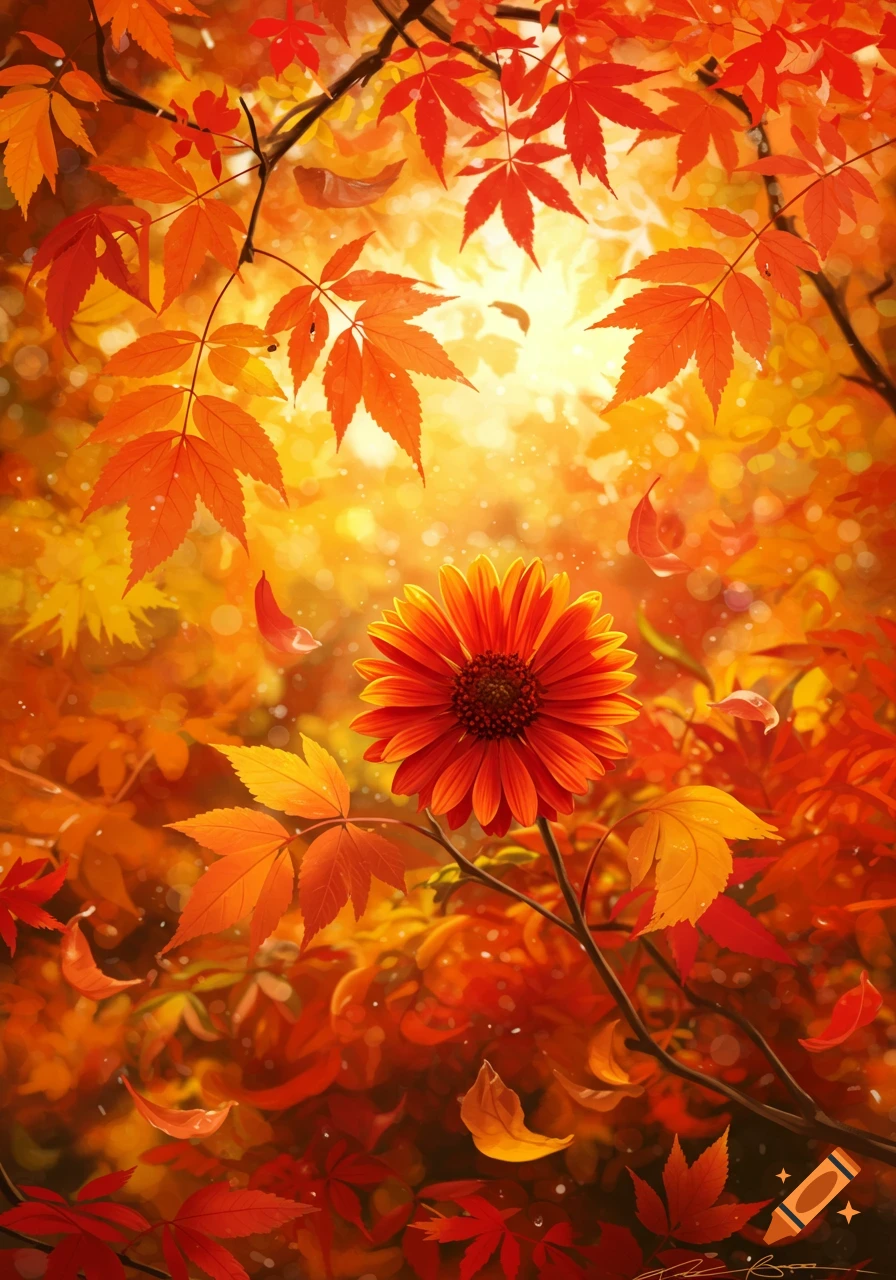 A vibrant red and orange flower stands amidst glowing autumn leaves with soft, golden light filtering through.