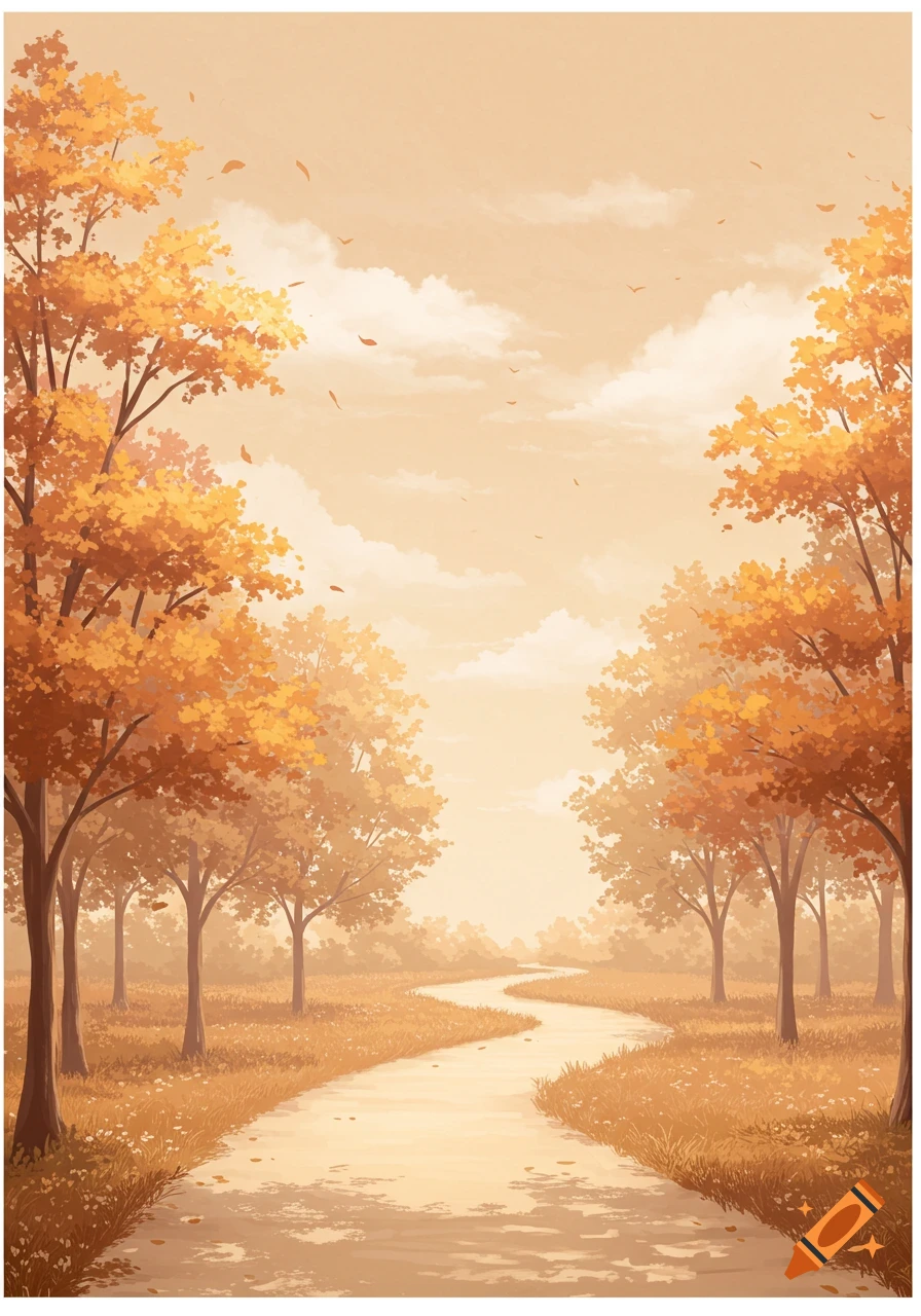 An illustrative autumn landscape with a winding path through trees with orange leaves under a beige sky.
