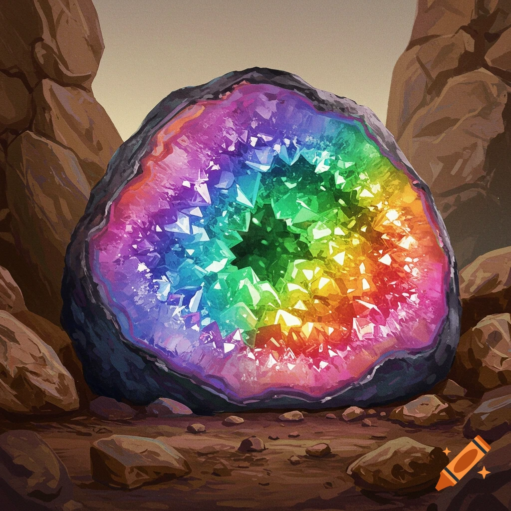 A large, open geode filled with sparkling rainbow-colored crystals, set among rocks in a cave-like environment.