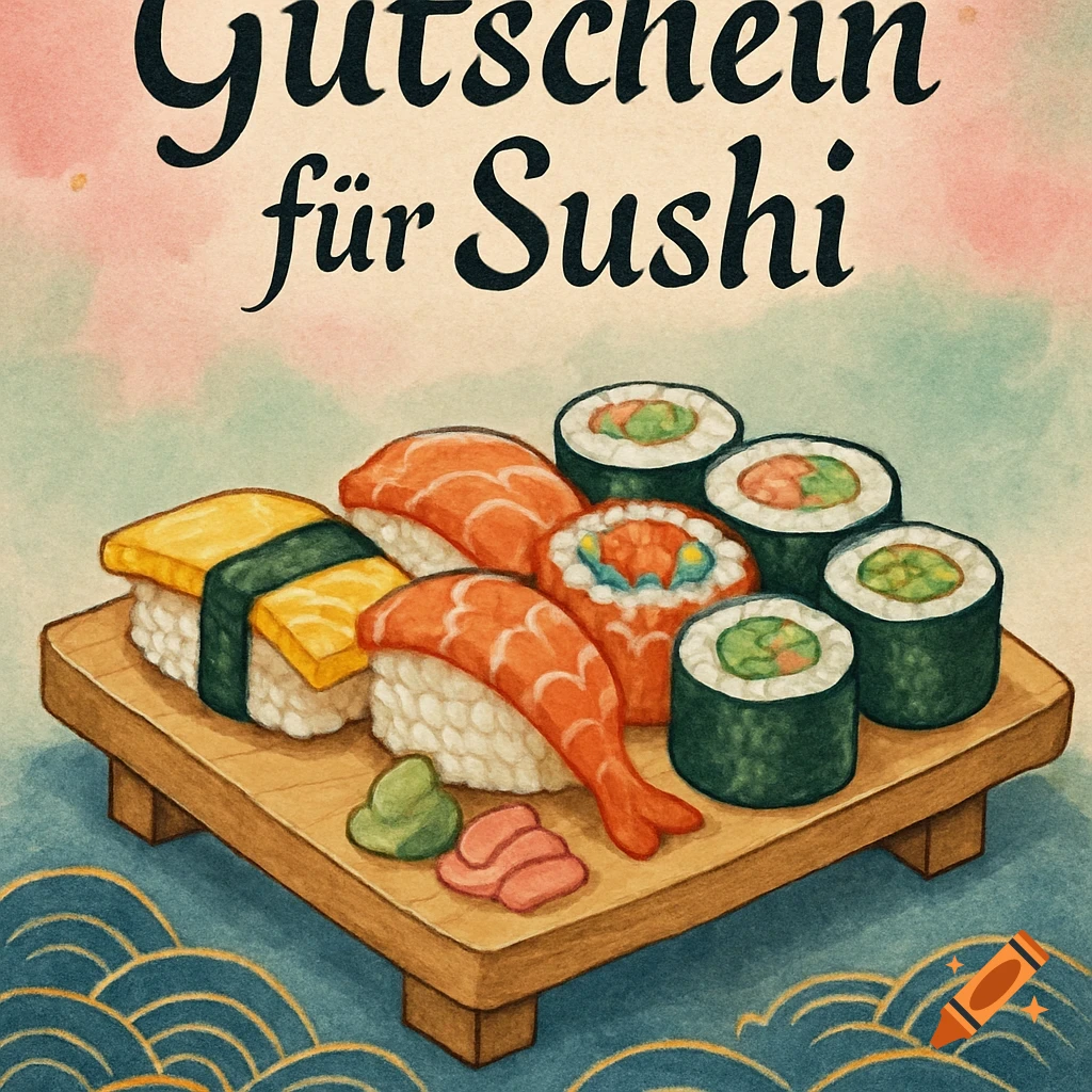 Watercolor illustration of various sushi pieces on a wooden platter with the text "Gutschein f\