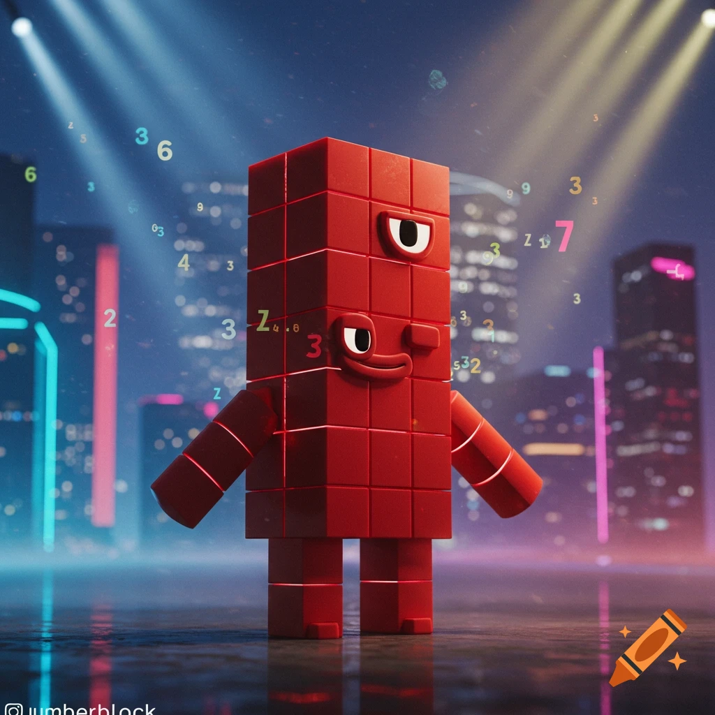 A red Numberblock character stands in a futuristic city at night, with various glowing numbers and letters floating around. The character has an expressive face.