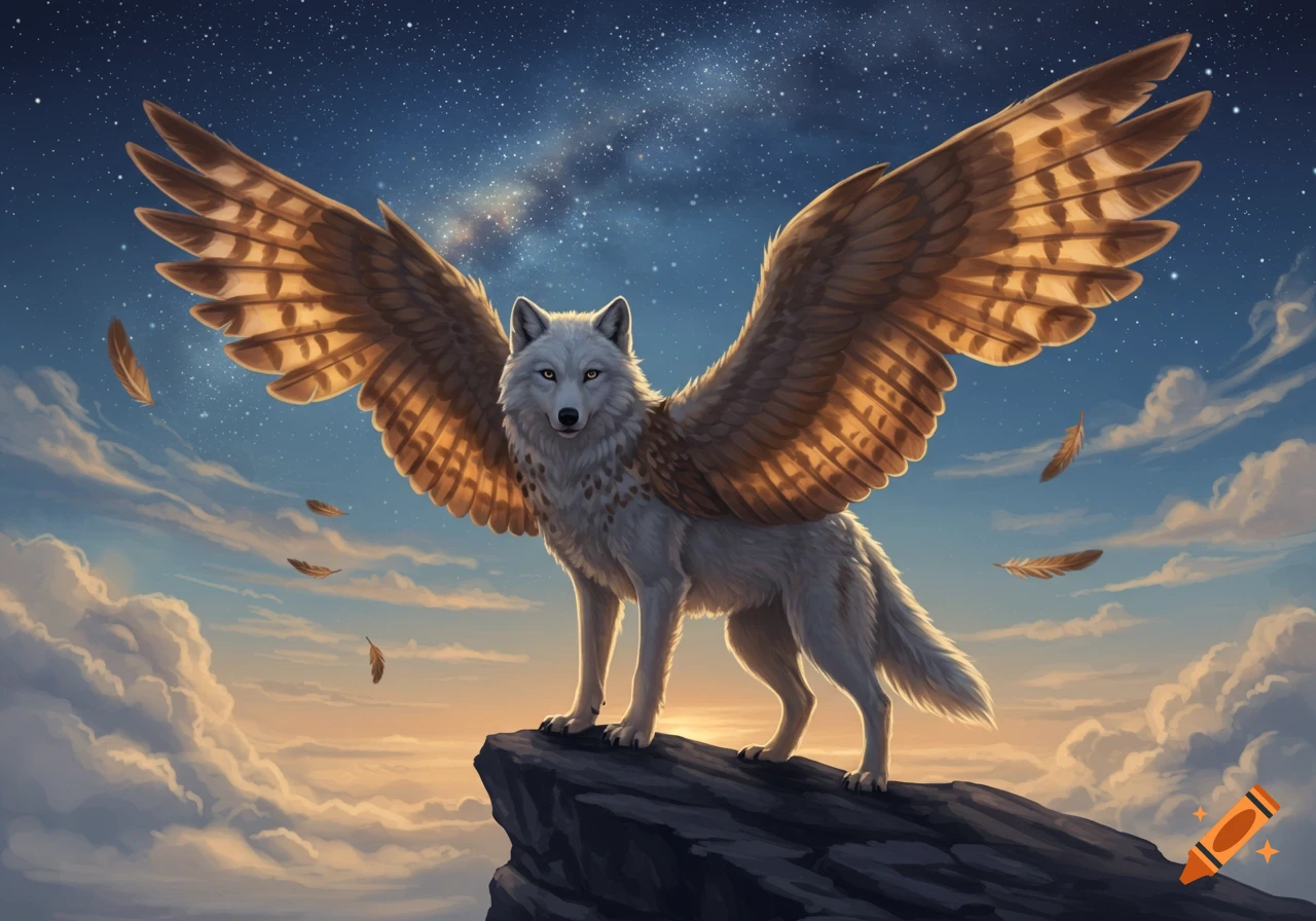 A majestic white winged wolf stands on a rocky peak under a starry night sky with clouds and falling feathers.
