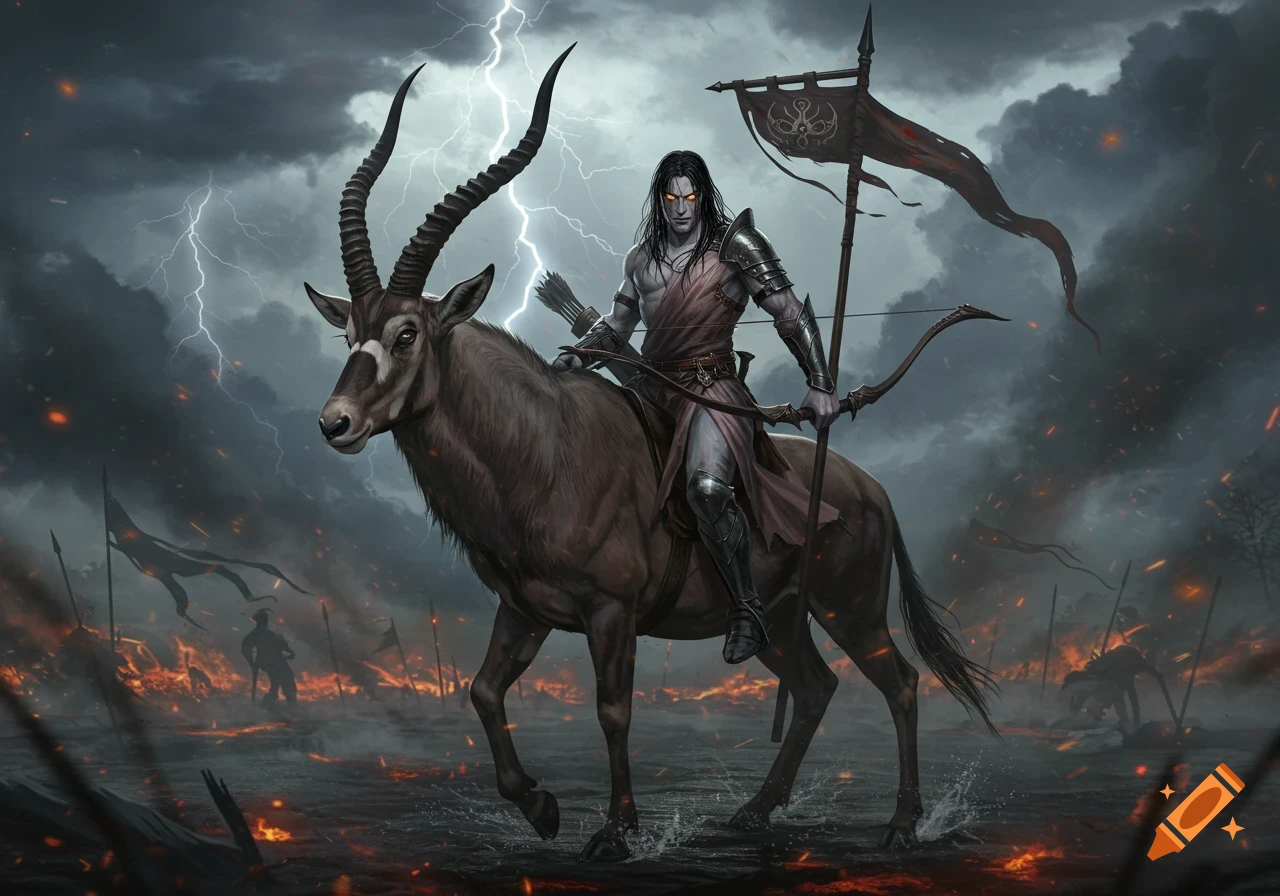 A dark fantasy warrior with glowing eyes, armor, and a bow, rides an antelope through a stormy, burning battlefield under lightning.