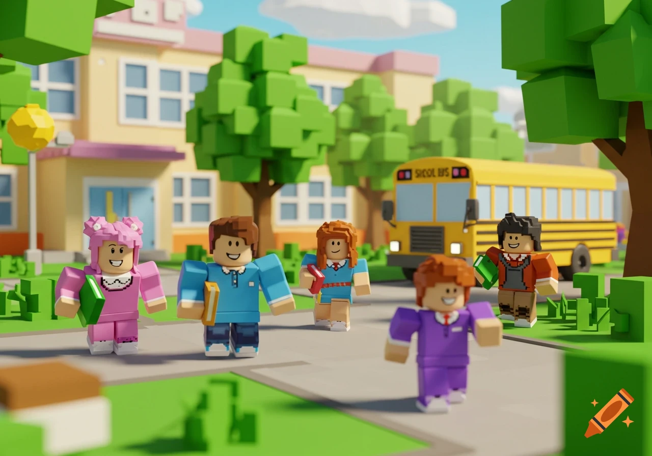 Roblox-style children walking towards a school building with a yellow school bus in the background.