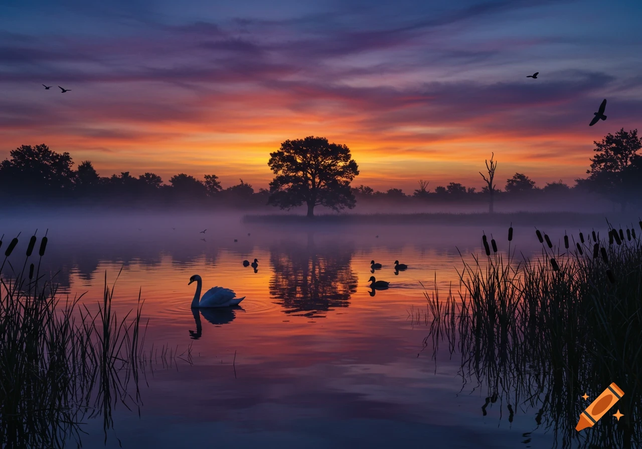 Photorealistic sunset over a foggy lake with swans, ducks, a silhouetted tree, and tall grasses in the foreground.