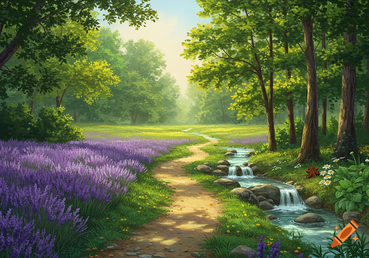 A stylized illustration of a winding dirt path and a stream with small waterfalls through a vibrant forest, bordered by fields of purple lavender flowers.