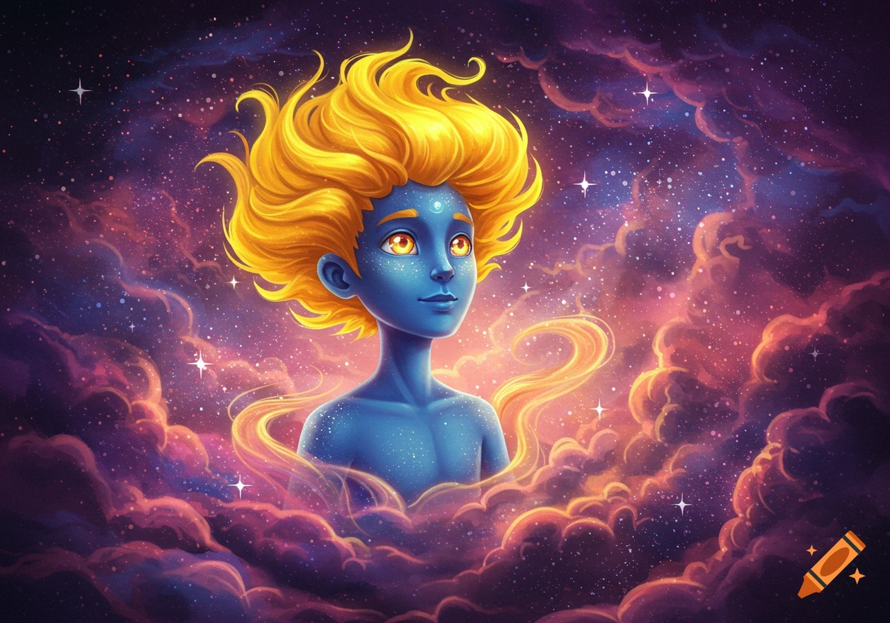 Stylized blue boy with bright yellow hair looking up, surrounded by a vibrant, swirling purple and pink space nebula with stars.