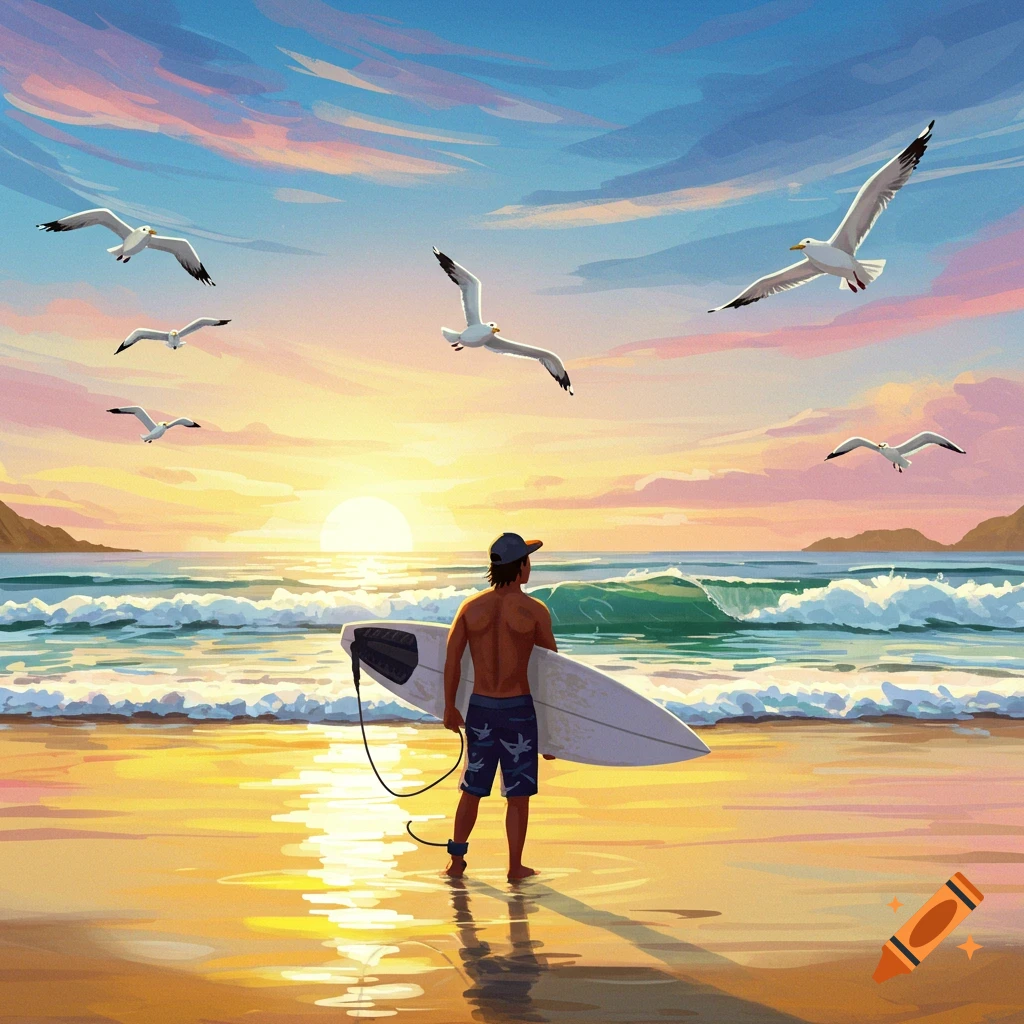 Digital art of a surfer holding a surfboard, standing on a beach at sunset with seagulls flying overhead.