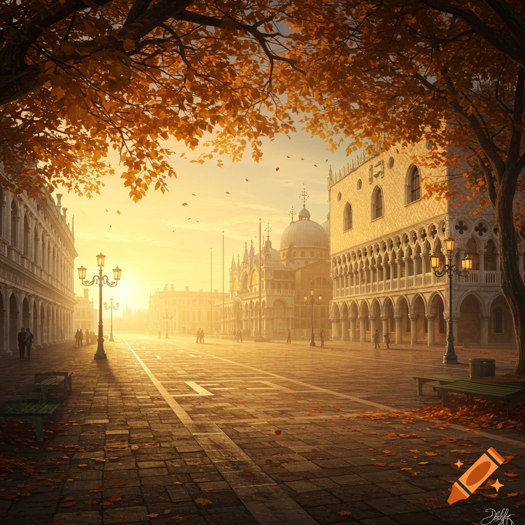 St. Mark's Square in Venice bathed in warm golden light at sunrise, with autumn trees and scattered leaves on the cobblestones.