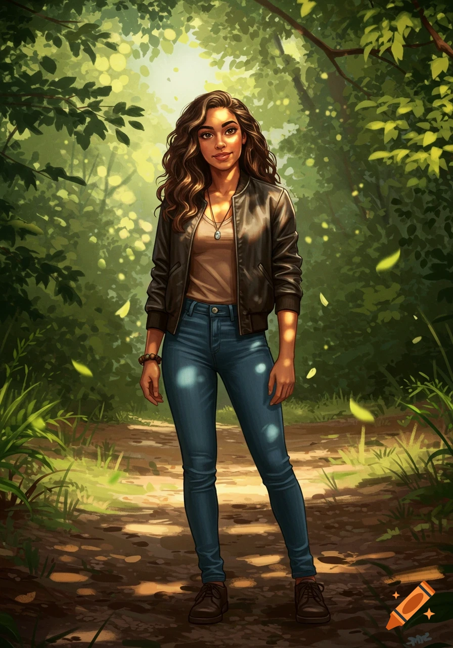 Illustrative portrait of a young woman with dark wavy hair and a warm smile, wearing a leather jacket and jeans, standing on a sunlit forest path.