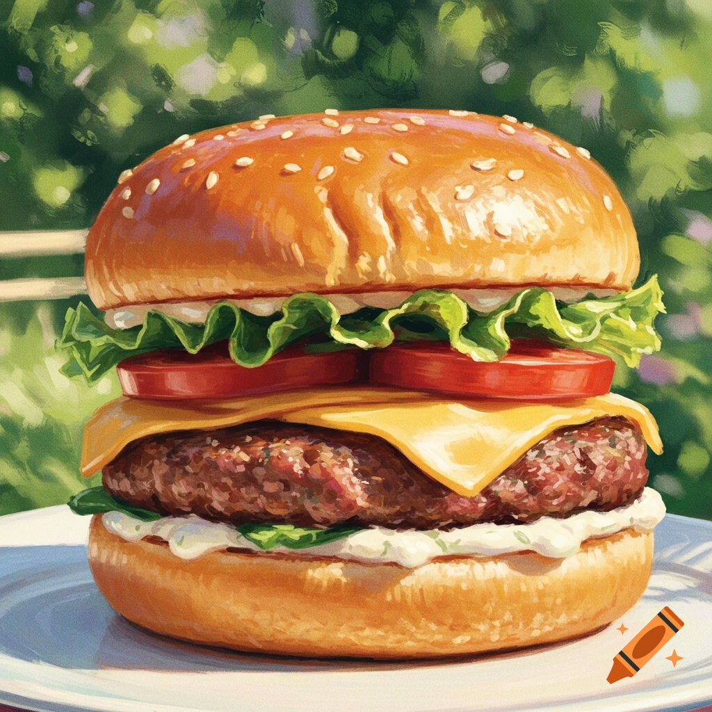 Impressionistic painting of a gourmet burger with a sesame bun, melted cheese, lettuce, and tomato, against a blurred green background.