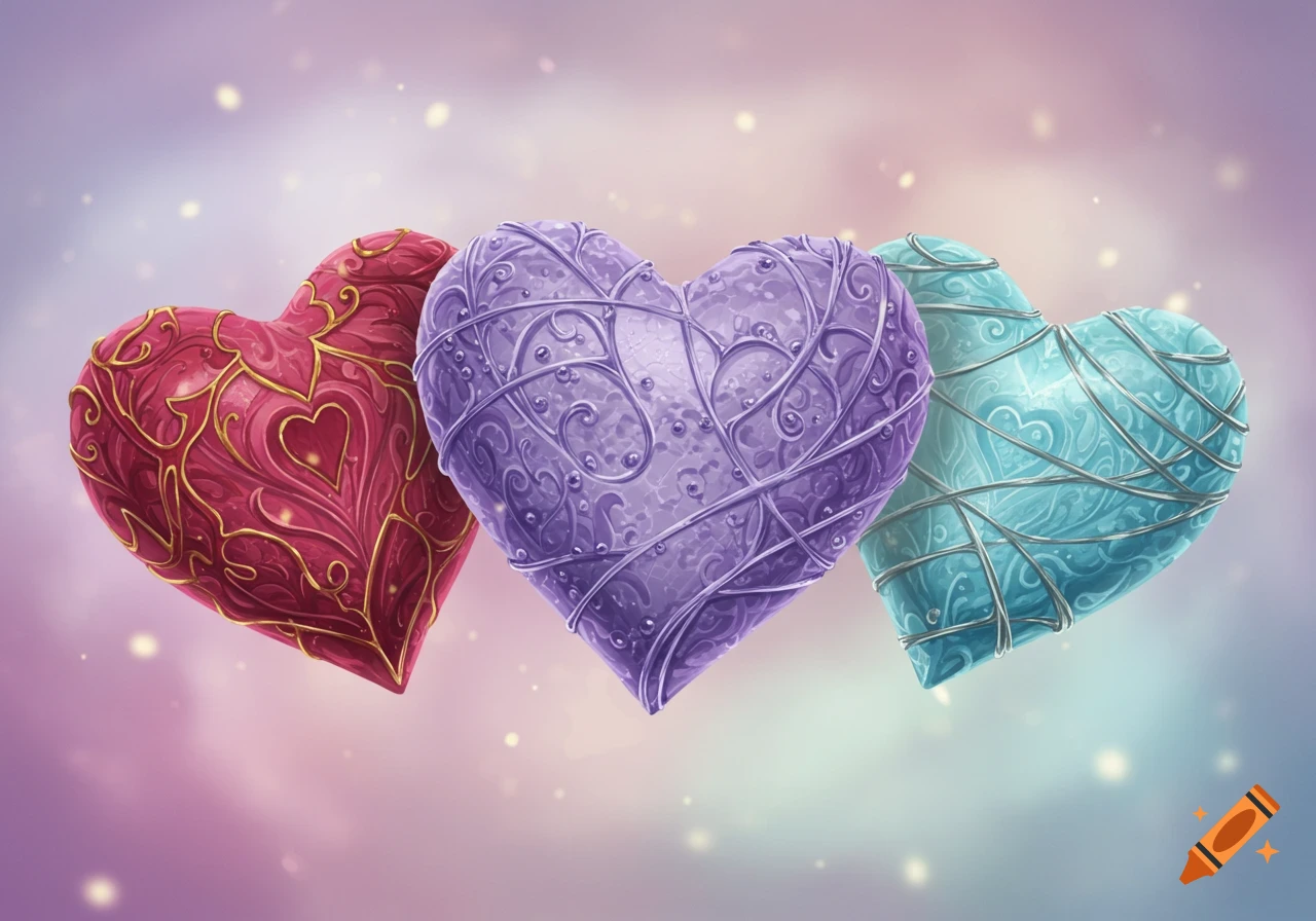Three ornate, shimmering hearts in red, purple, and teal with swirling patterns and wire wraps against a soft, sparkling background.
