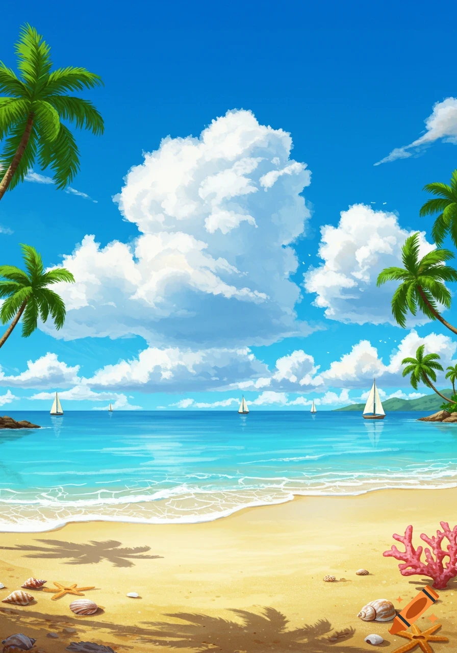 A vibrant cartoon beach scene with palm trees, a bright blue sky with fluffy clouds, turquoise ocean, sailboats, and seashells on the sandy shore.