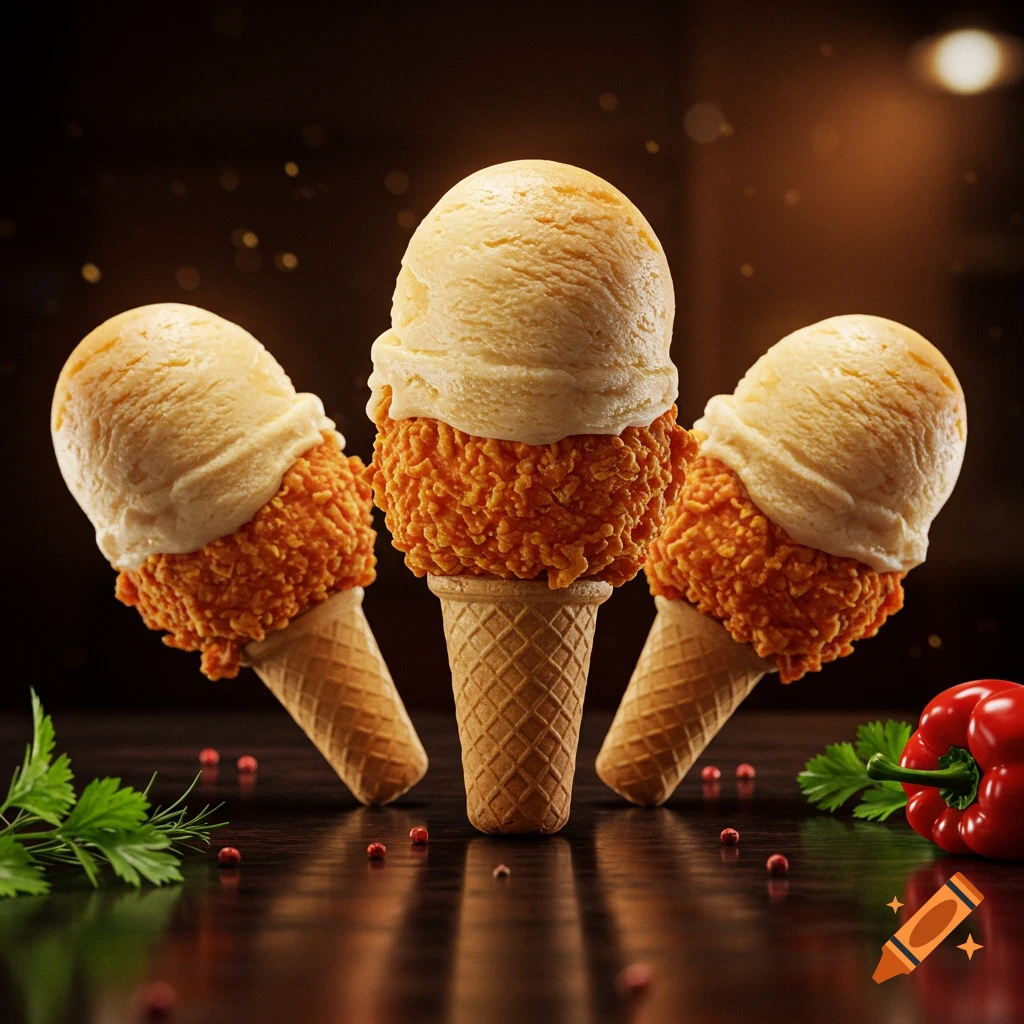 Three creative ice cream cones with scoops resembling fried chicken and vanilla ice cream, on a dark table.