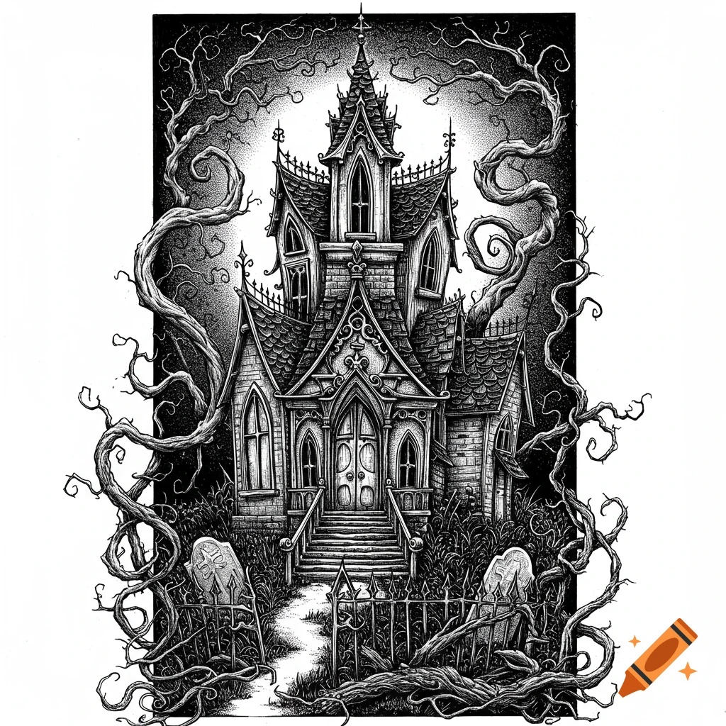 Detailed black and white sketch of a gothic haunted mansion with twisted trees, tombstones, and a fence, under a stippled sky.