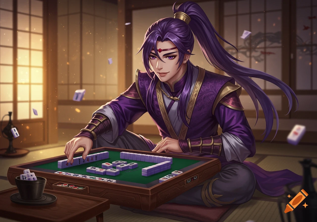 An anime-style male character with long purple hair, wearing stylized robes, playing mahjong in a traditional room.