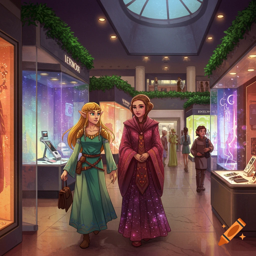 Two women, one resembling Zelda and the other Padme, walk through a futuristic or magical mall with glowing display cases.