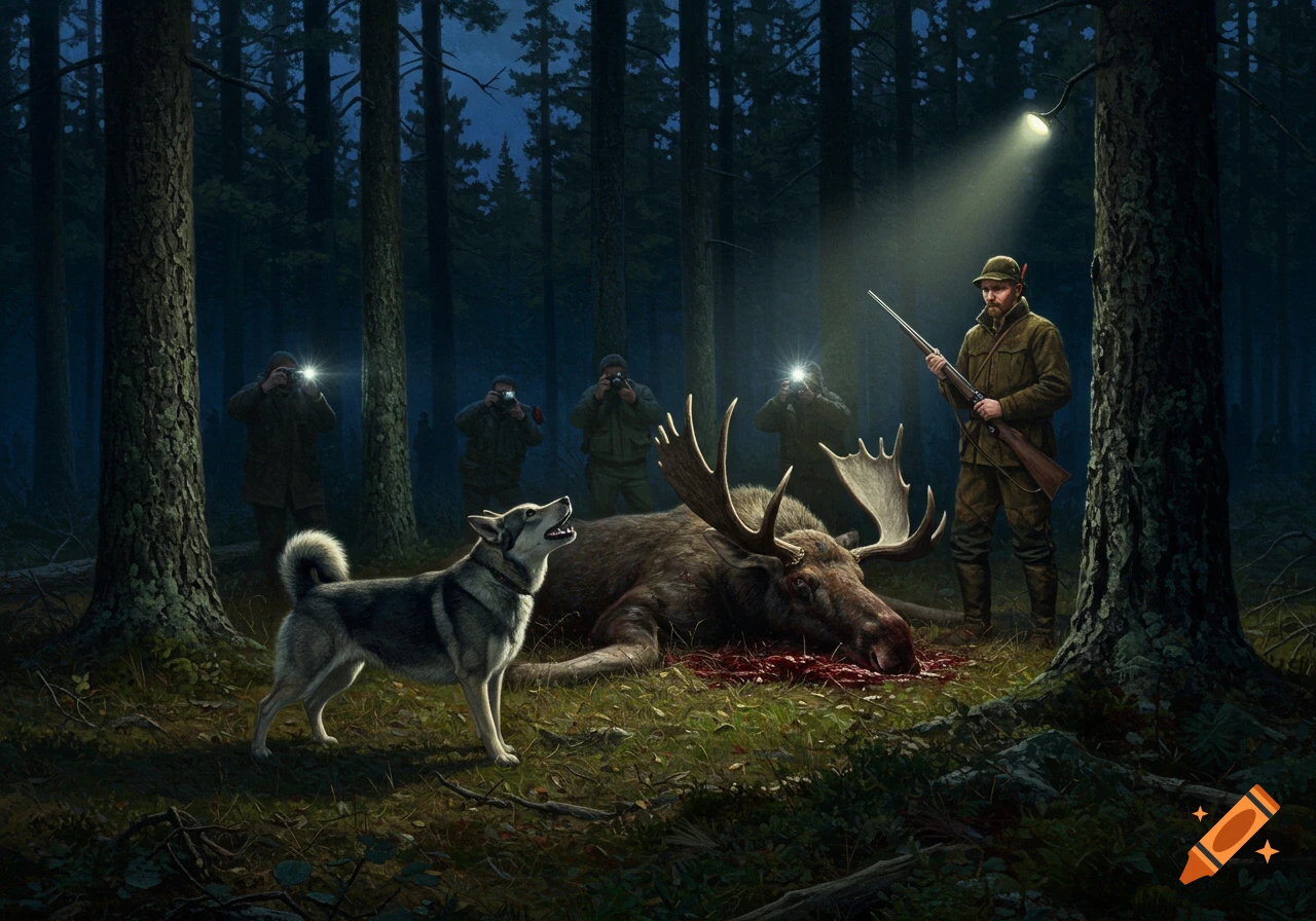 A hunter and a dog stand beside a dead moose in a dark forest, illuminated by a spotlight and camera flashes from people photographing the scene.