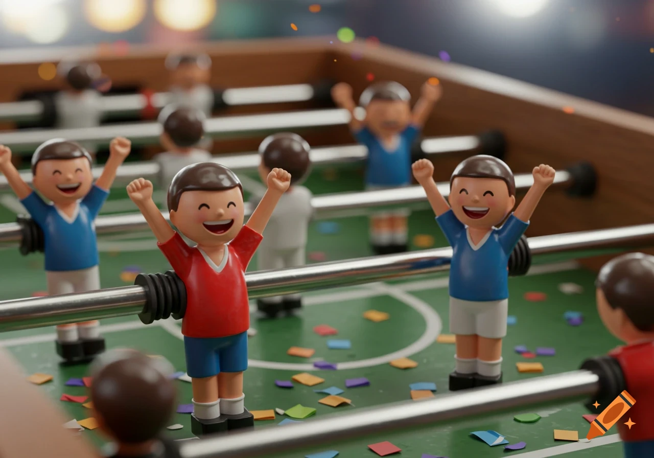 Happy foosball figurines celebrating with arms raised on a table covered in colorful confetti.