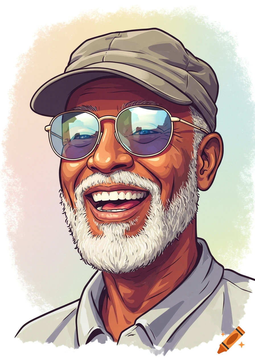 Colorful cartoon portrait of a joyful older man with a white beard, wearing a cap and glasses.