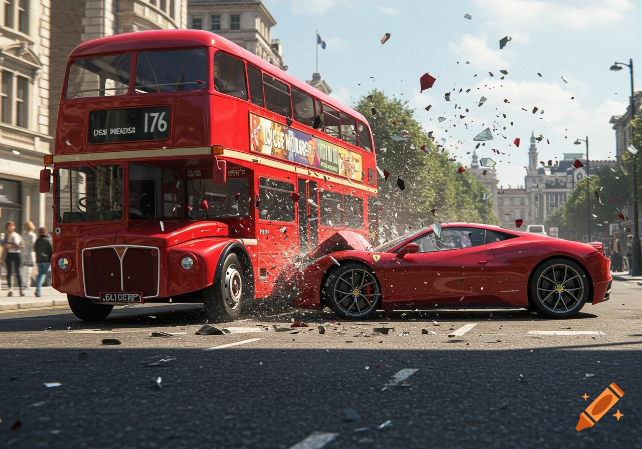 A photorealistic image of a red double-decker bus colliding with a red Ferrari on a city street, with debris scattering.